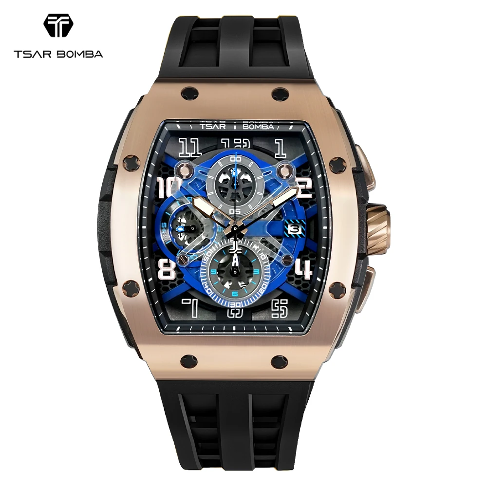 

TSAR BOMBA Watches for Men Tonneau Wristwatch Quartz Clock Sapphire Date Chronograph Luxury Mens Watch