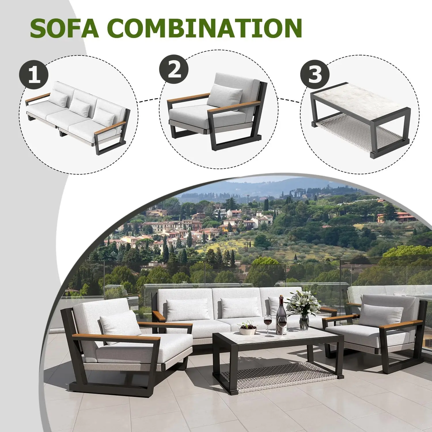 Aluminum Outdoor Patio Furniture Set 5 Seat, Patio Conversation Set with Durable Mesh Rope Weaving, Wide Armrests and Seats