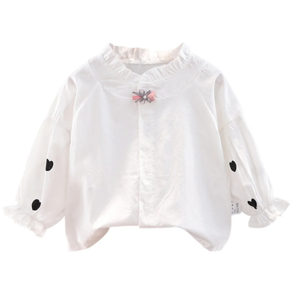 Blusa de algodão de manga comprida para meninas, cor sólida, com gola de boneca, roupas infantis, outono