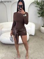 Beyprern Y2K Style Faux Leather Ruched Tie Waist Mini Dress For Women Knit Long Sleeve Bodycon Party Dresses Night Out Vestidos
