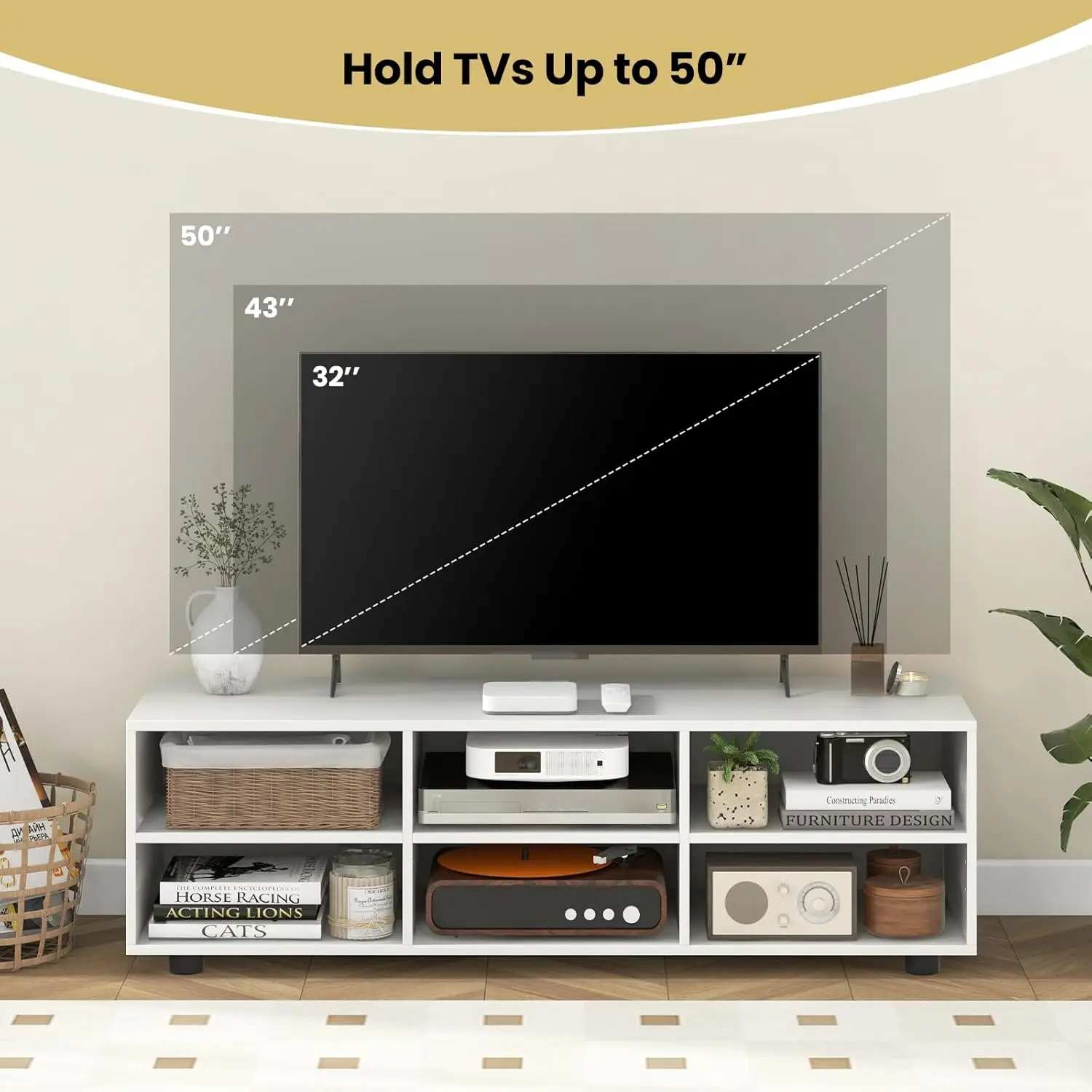 White TV Stand. Bedroom. TV up to 55". Media Center. Storage. 5-Position Shelves. Wood Console. Living Room. 6-Cubby. 45".