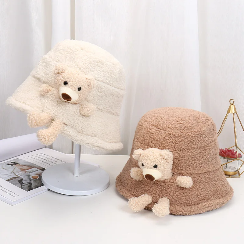 Fashion Women Men Winter Faux Wool Bucket Hat Lovely Cartoon Bear Pattern Printed Wide Brim Warm Panama Fisherman Cap for Women