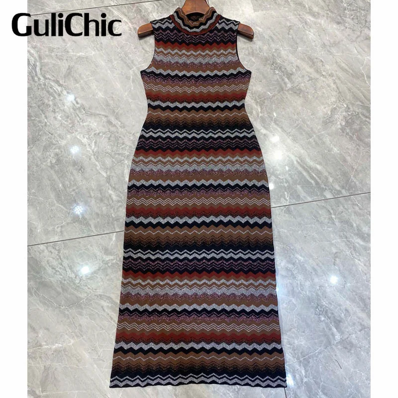 

11.10 GuliChic Women Temperament Stand Collar Colorful Zigzag Striped Bright Metallic Design Slim Sleeveless Knit Dress