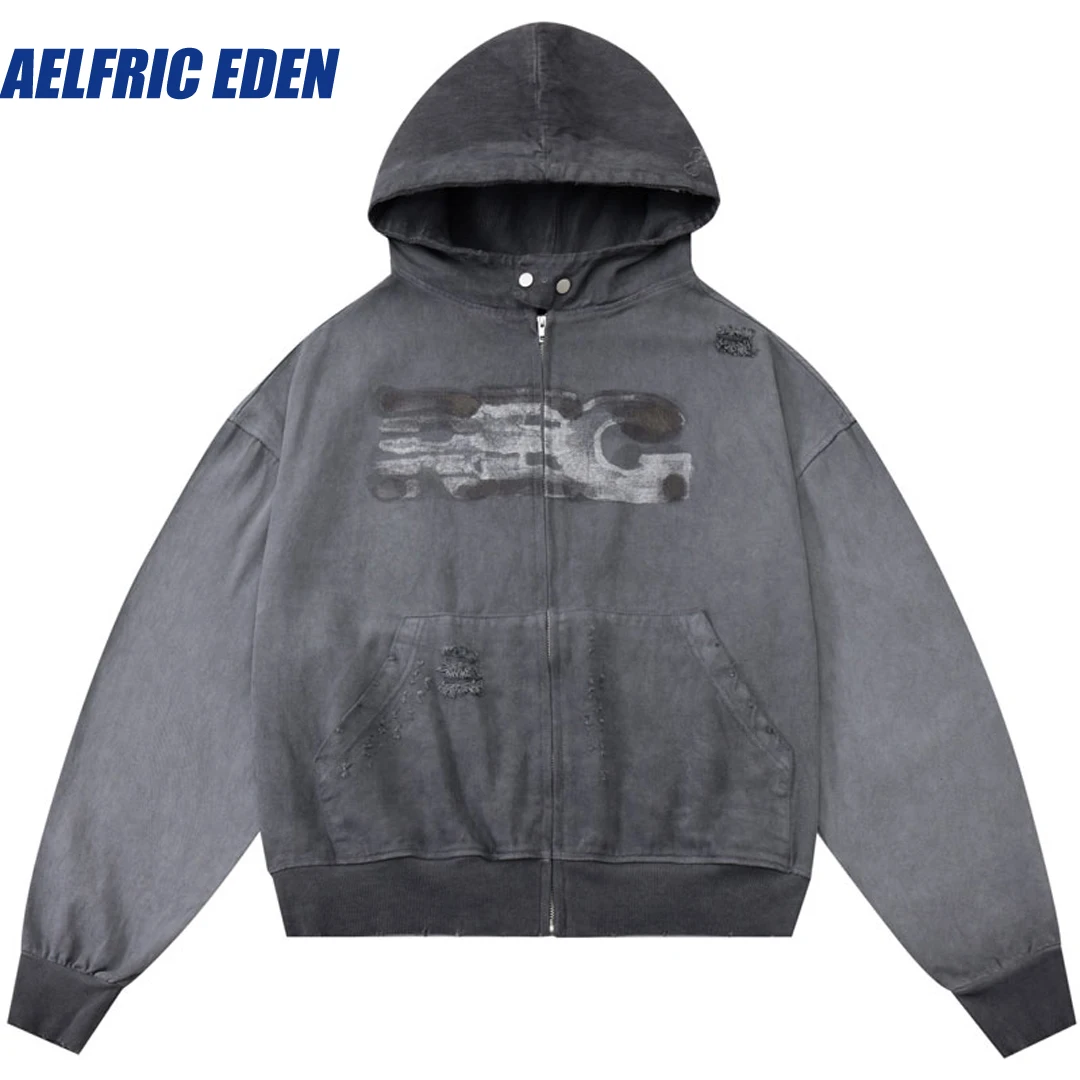 Aelfric Eden Ripped Distressed Zip Washed Hooded Vintage