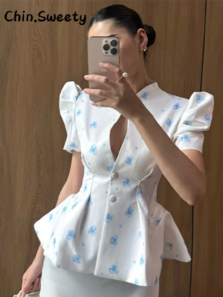 เสื้อแจ็คเก็ตแฟชั่นผู้หญิง ลายพิมพ์สวย แขนพองสั้น