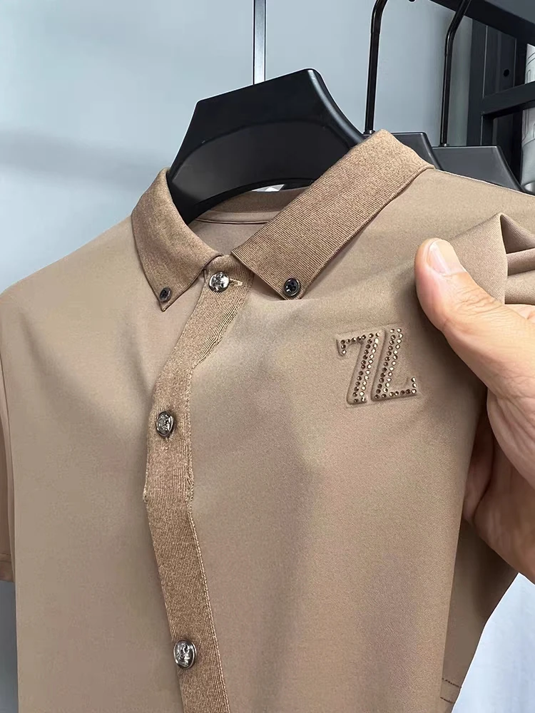 

Summer high-end mulberry silk short sleeve lapel T-shirt for men 2023 designer's new splicing trend hot drill casual polo shirt
