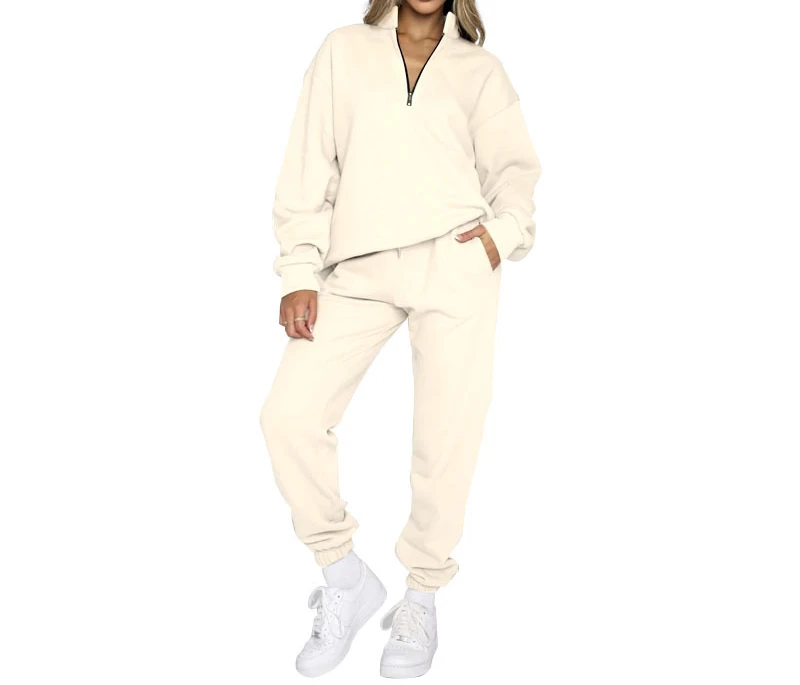 Women's Autumn and Winter New Solid Collar Zipper Pullover Long Sleeve Sweater Two-piece Fashion Pants Suit Female Top & Trouser