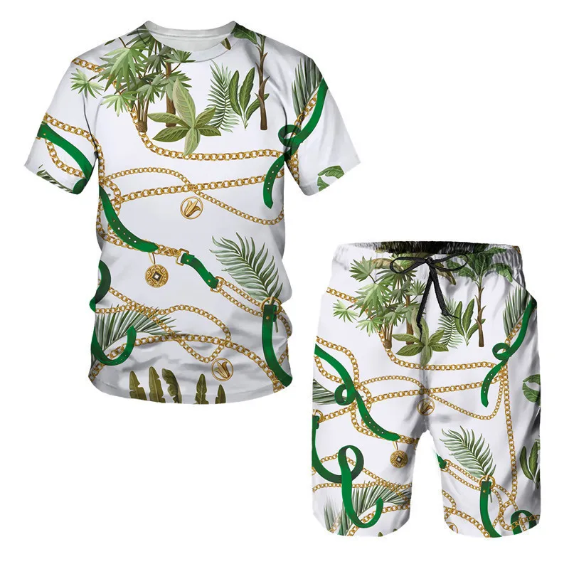 Summer new printed pattern 3D printed European court style chain round neck T-shirt loose short sleeve Hugh top shorts set