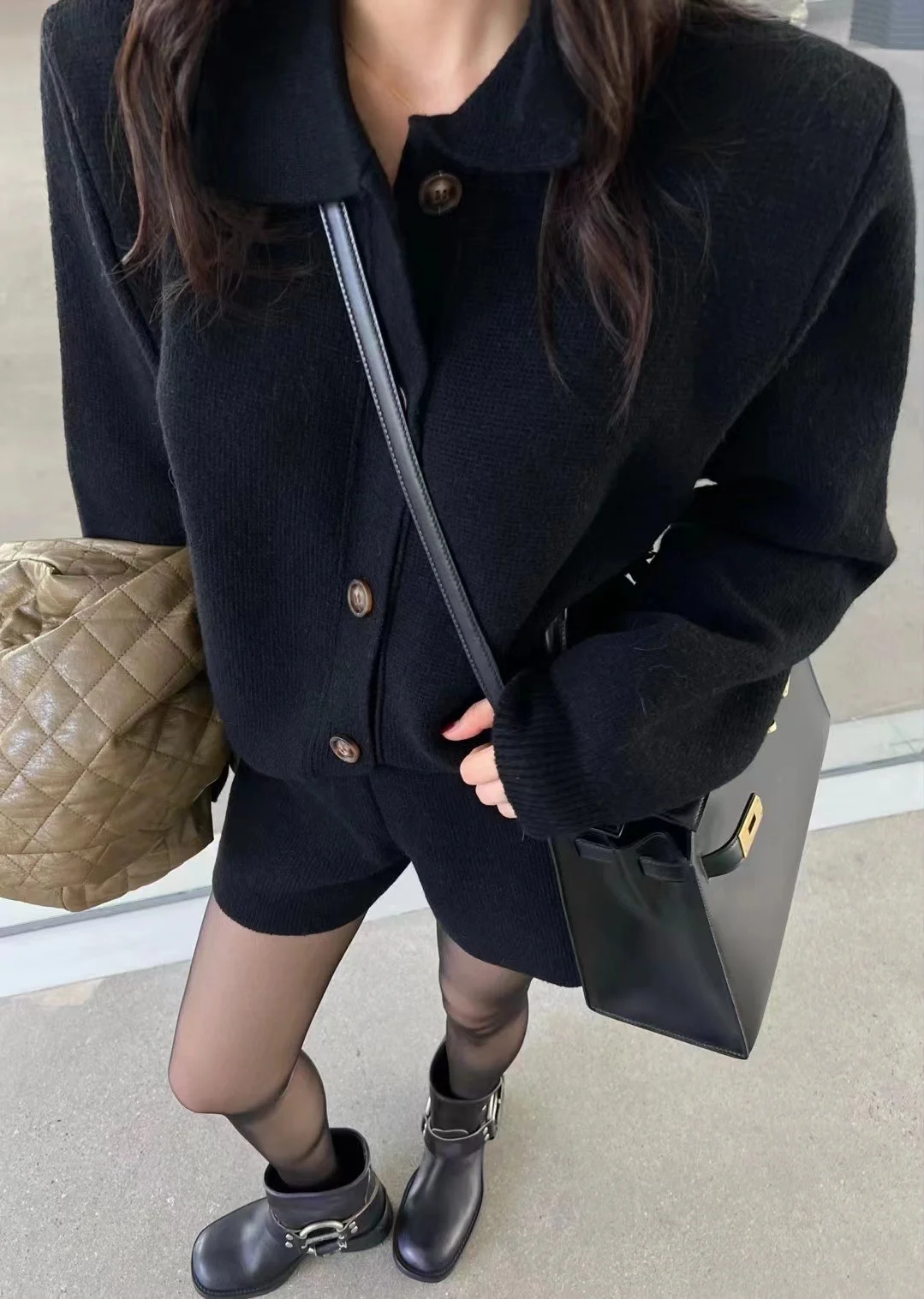 Autumn Winter New Two-piece Knitted Sets Single Breasted Sweater Top High Waist Shorts Korean Fashion Casual Outfits Solid Suit