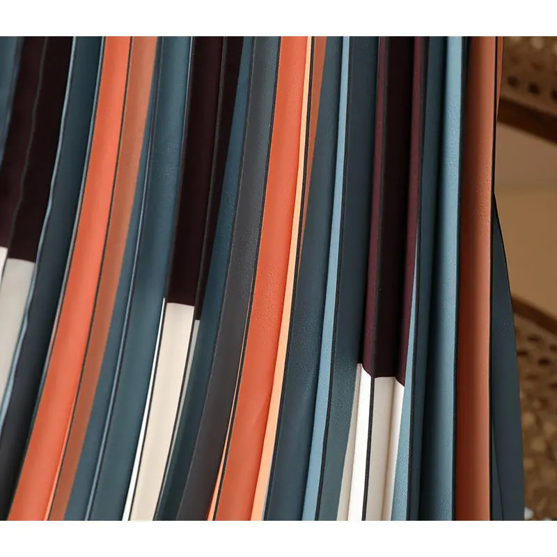 2023 Summer Fashion Trend Contrast Color Piano Vertical Stripe High Waist Covering Belly Pleated Casual A-line Mid Length Dress