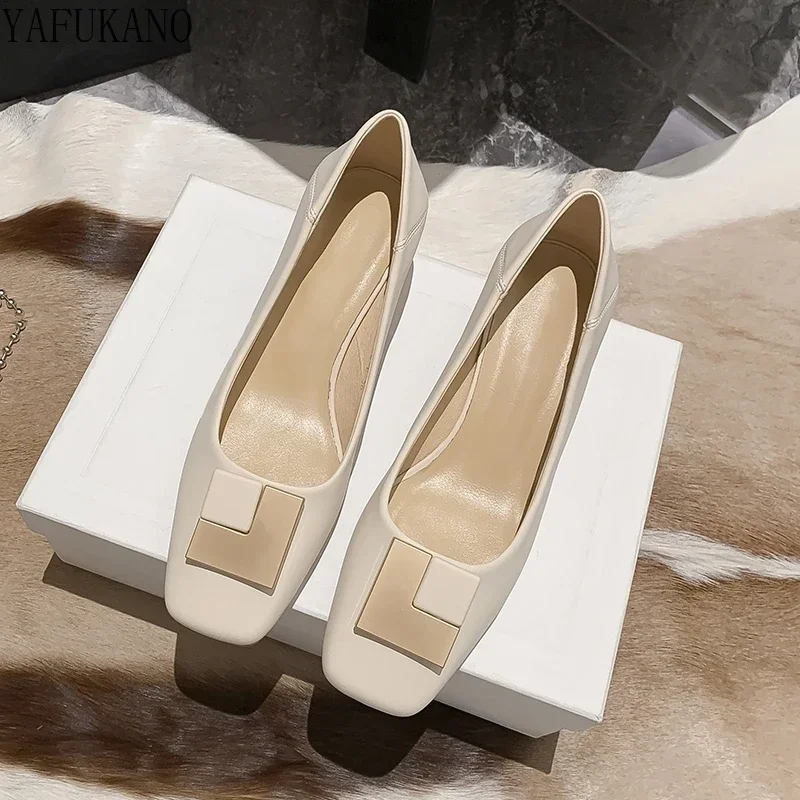 2025 New Fashion Square Toe High Heels Elegant Ladies Office Work Shoes Soft Leather Comfort Mid Heel Casual Womens Pumps 2