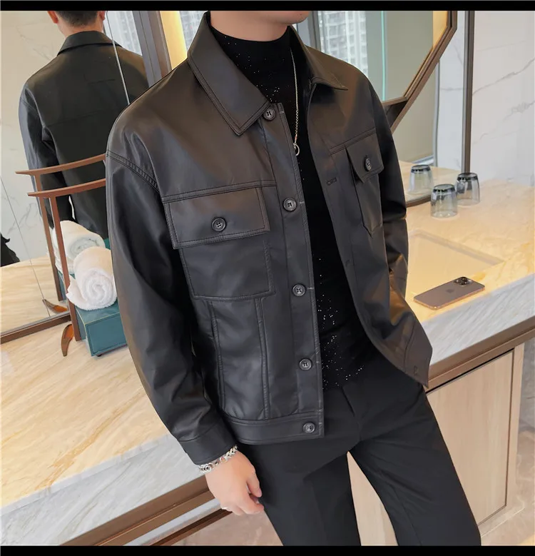 Description Picture 3 of itemMultiple Pockets Faux Leather Jackets Mens All-match Single-breasted Solid Coat Mens Business High Quality PU Leather Jacket 4XL