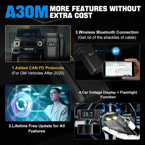 XTOOL 진단 도구, 안드로이드 IOS 블루투스 스캐너, 활성 테스트, 전체 시스템 21 특수 기능, CAN FD 기능, A30M OBD2 3