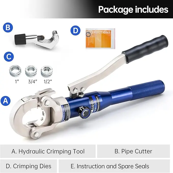 Copper Tube Fittings Hydraulic Pipe Crimping Tool with 1/2",3/4" and 1" Jaw Copper Pipe Press Crimper Pressing Pliers, 3