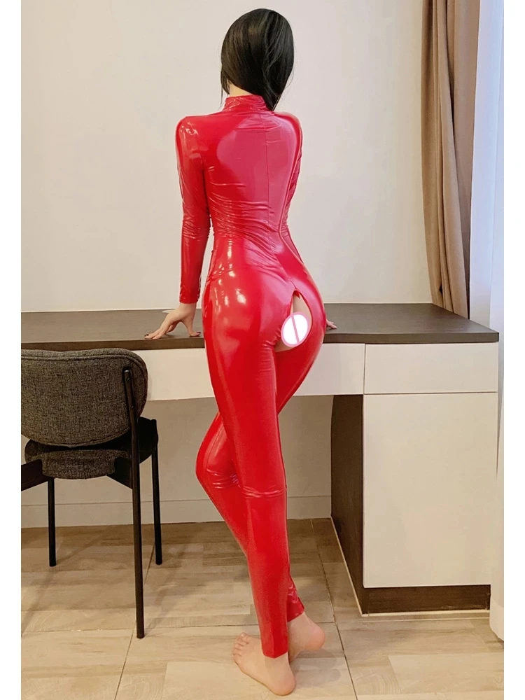 PVC Long Sleeves Hollow Out Jumpsuit Double Zipper Open Crotch PU Leather Catsuit Bodysuit Elastic Shiny Wet Look Unitard Leotar
