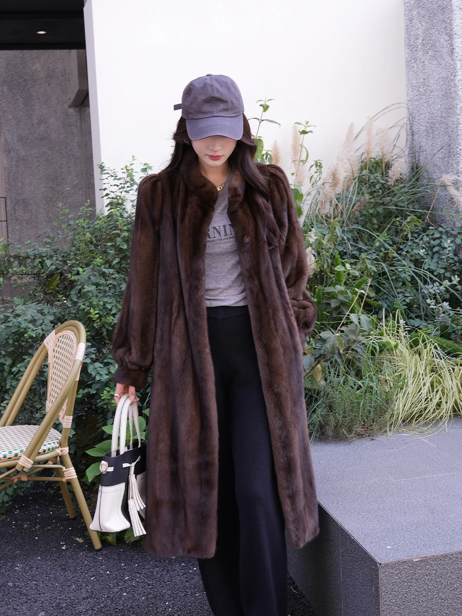 Lautaro Winter Long Luxury Elegant Stylish Thick Warm Fluffy Soft Brown Faux Mink Fur Coat Women Puff Sleeve Stand Collar 2025