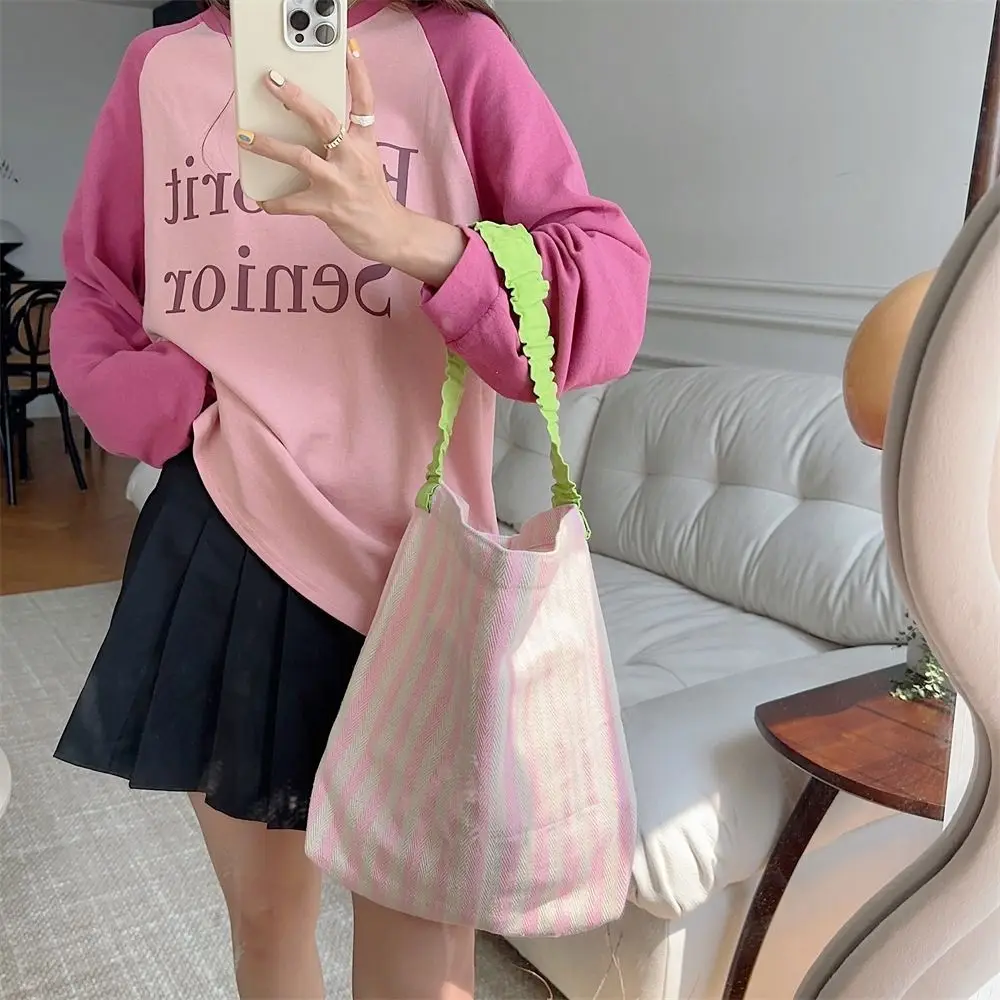 

Женская Холщовая Сумка на плечо, повседневная вместительная плиссированная Сумочка в контрастную полоску, тоут на ремне