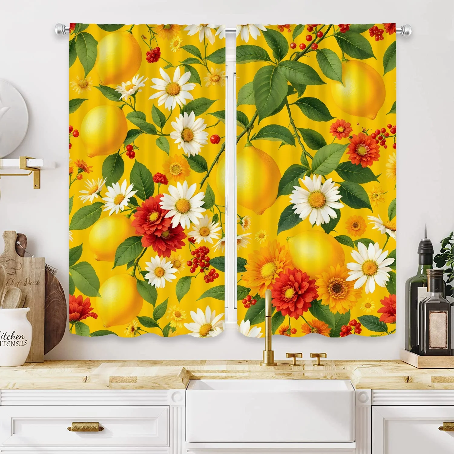 ผ้าม่านพิมพ์ลายดิจิตอลความละเอียดสูงแบบเปิด 2 ชิ้น ลายดอกเดซี่สีเหลืองและใบไม้สีแดงเบอร์รี่ประดับตกแต่งด้วยใบไม้สีเขียวในตะกร้า 1