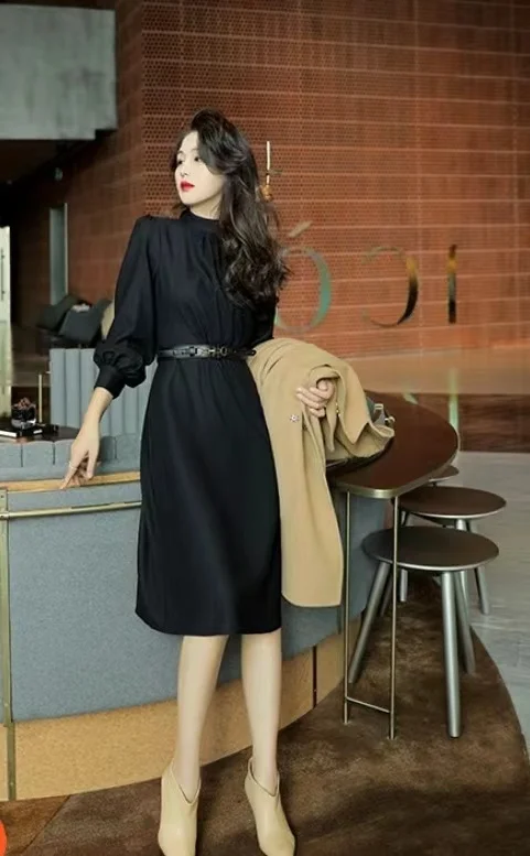 

Women's 2023 New Clothing Fall Retro Elegant Stand Collar Black Dress 0830