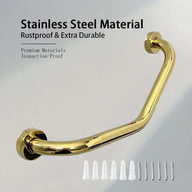 ราวจับสแตนเลสสีทองสำหรับผู้สูงอายุ, ราวจับเพื่อความปลอดภัยในห้องน้ำแบบหนาและกันลื่น, ราวจับห้องน้ำแบบไร้สิ่งกีดขวาง, ติดตั้งแบบเจาะ, รับน้ำหนักได้มาก 1