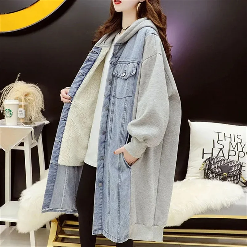 Thickened Mid Length Hooded Cardigan With Added Velvet Women's Autumn Winter 2024 New Loose Mesh Red Patchwork Jacket Commuting