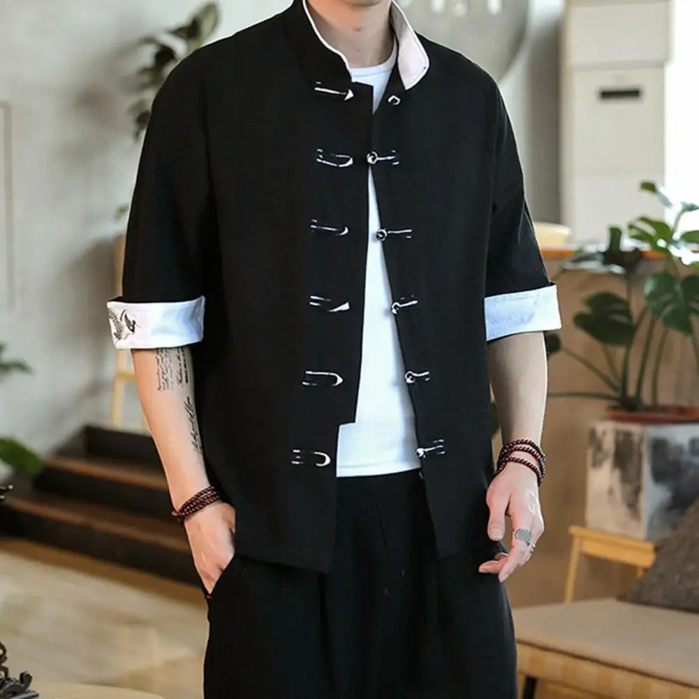 Summer Cardigan Top Chinese Style Embroidered Men's Shirt Vintage Knot Buttons Stand Collar Mid Sleeves Printed Cuffs Contrast