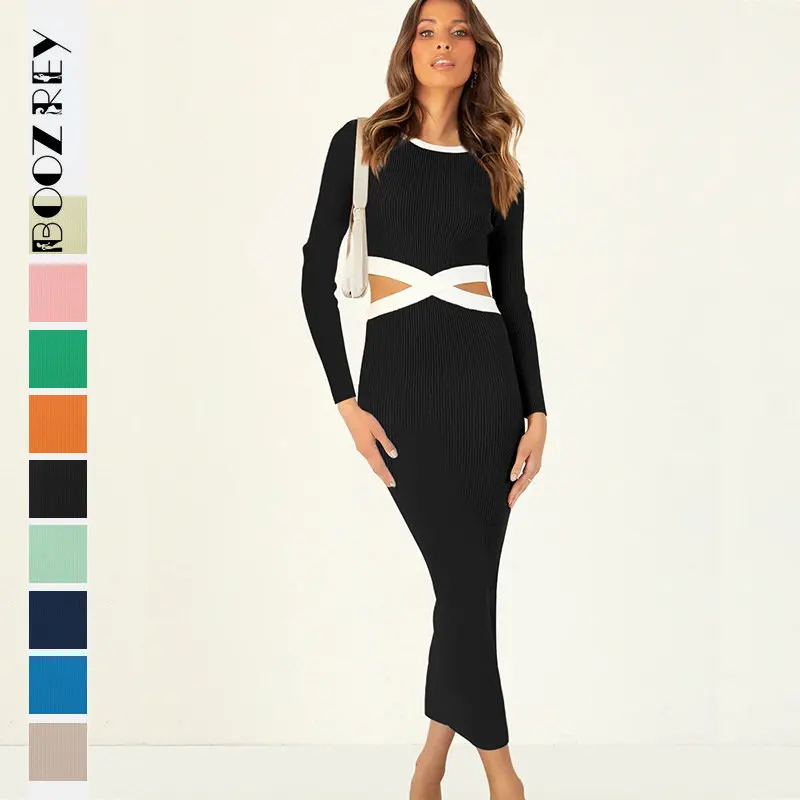 

BoozRey Autumn Sexy O-neck Hollow Out Pacthwork Mini Dress Fashion Elegant Long Sleeve Bodycon Dresses for Women Party Outfit