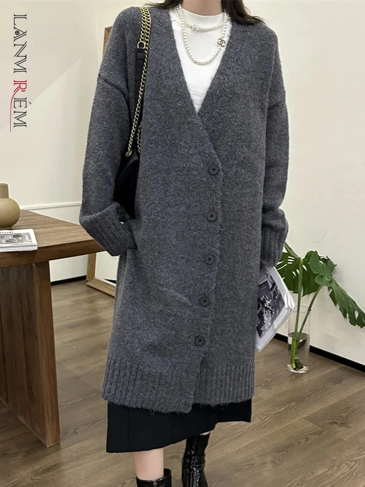 

[LANMREM] Vintage Knitting Cardigan Coats For Women Solid V Neck Single Breasted Warm Long Outwear 2023 Winter New 26D6791