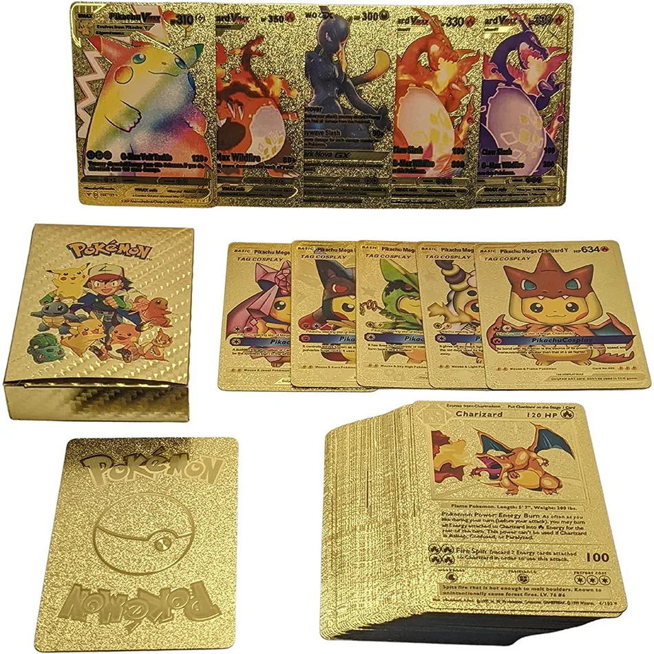 54 pieces of Pokemon Metal Gold Card Box Golden Letter Spanish Playing Cards Metalicas Charizard Vmax Gx Series Game |