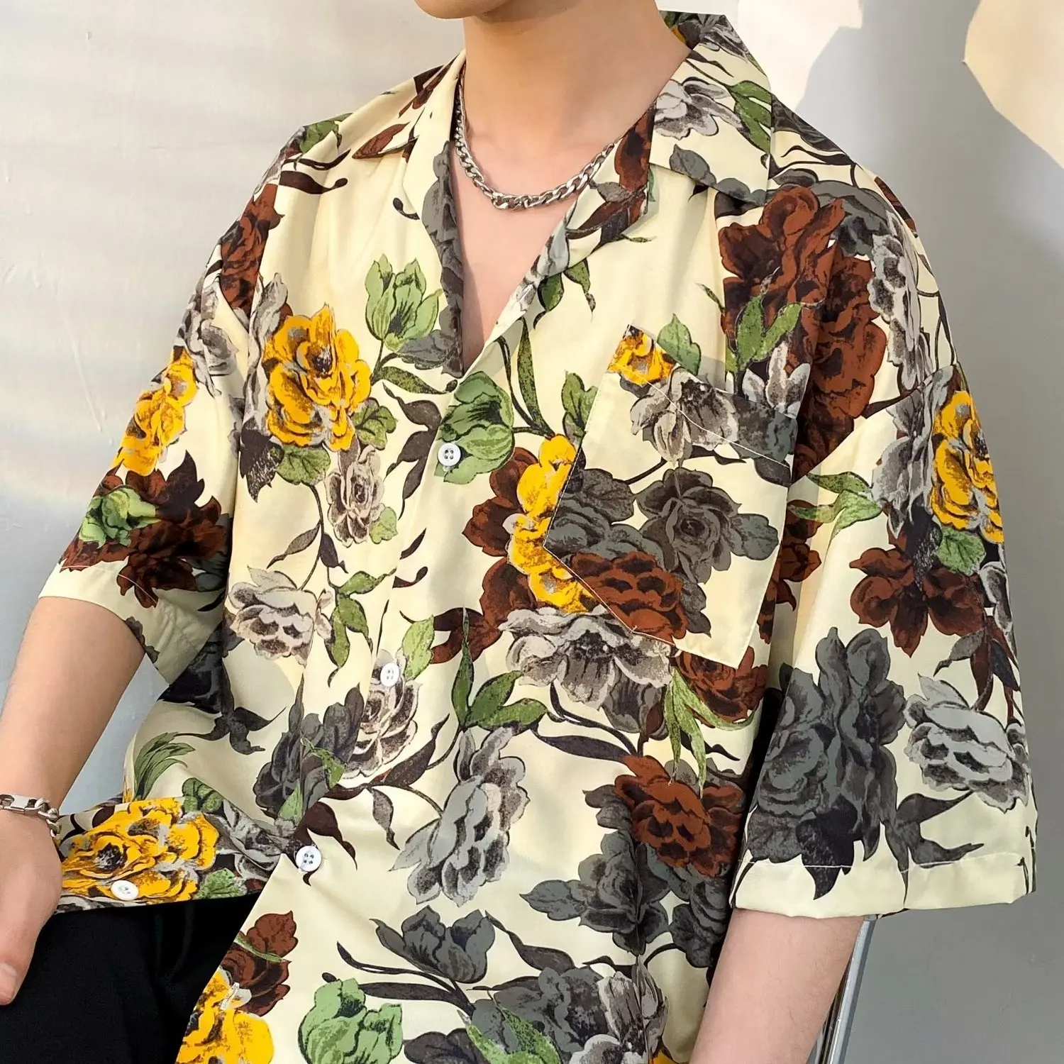 

Summer Cuban collar shirt men's short-sleeved seaside beach print American retro Hawaiian loose casual floral shirt men tops emo