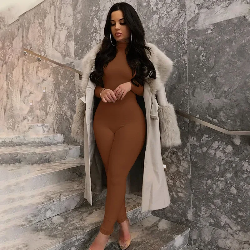Women's Turtleneck Bodysuit Long-Sleeved Overall Tight-fitting Sports Yoga Gym Fitness Casual Fashion Outware White Jumpsuits