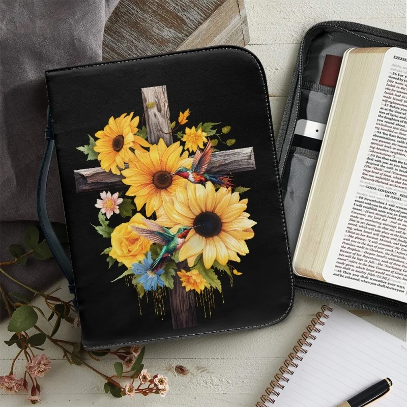 

Sunflower Cross Hummingbird Design Leather Bible Bag for Women Bible Verse Print Ladies Handle Handbag 2023 Custom Bible Cover