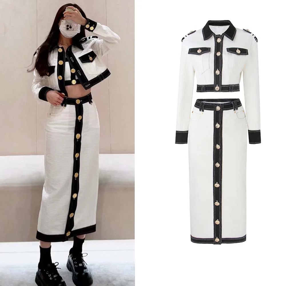 

2022 Spring And Autumn European And American Stars Fashion New Color Matching Jeans Short Jacket Coat Long Skirt Women's Suit