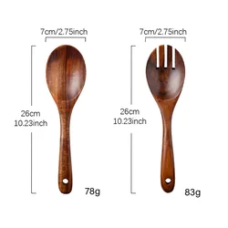 Japanese Style Wooden Spoon and Fork Set - Long Handle Salad Servers, 2-Piece Dinnerware Collection (2Pcs)