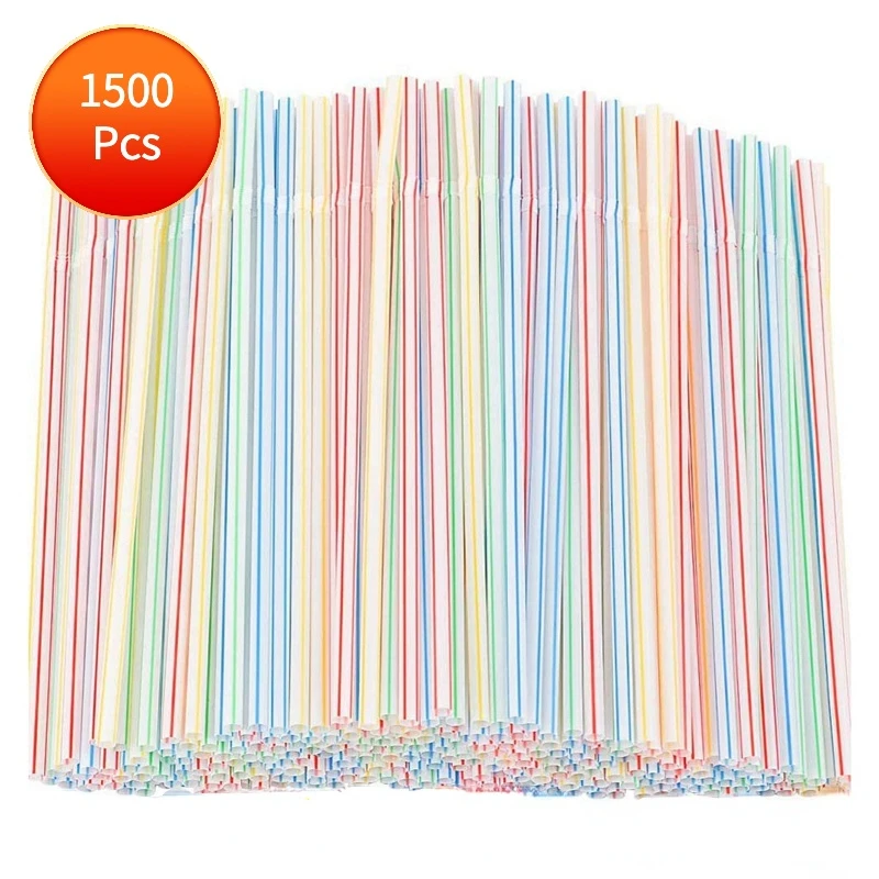 100/500/1000/1500Pcs Flexible Plastic Straws Striped Multi Colored Disposable Cocktail Shaker Reusable DrinkingStraw 8 Inch Long