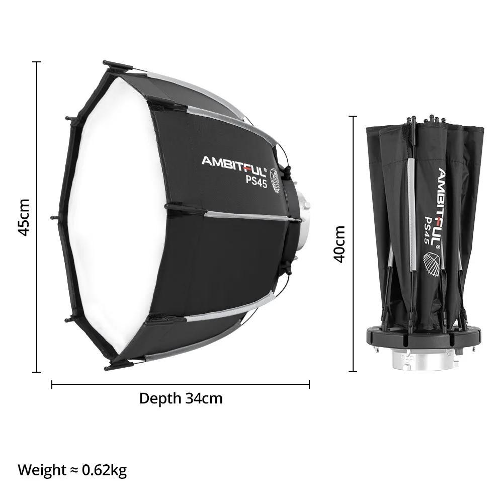 AMBITFUL 45cm 미니 퀵 릴리스 PS45 SE 보웬스 마운트 팔각형 소프트박스 및 벌집 그리드 야외 소프트박스, SL60 SL60II SL100BI SL100D LUX100  LUX200 CL60R 