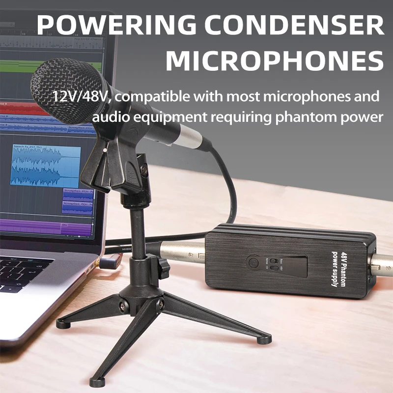 Phantom Power Supply 48V/12V Switch Rechargeable Portable for Condenser/Shotgun Microphones Mic Preamp Record Studio