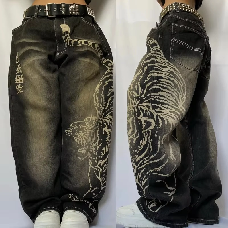 Y2K Gothic Jeans Men Women Streetwear Sun Totem Patchwork Wide Leg Pants High Street Rhinestone Baggy Denim Trousers 3
