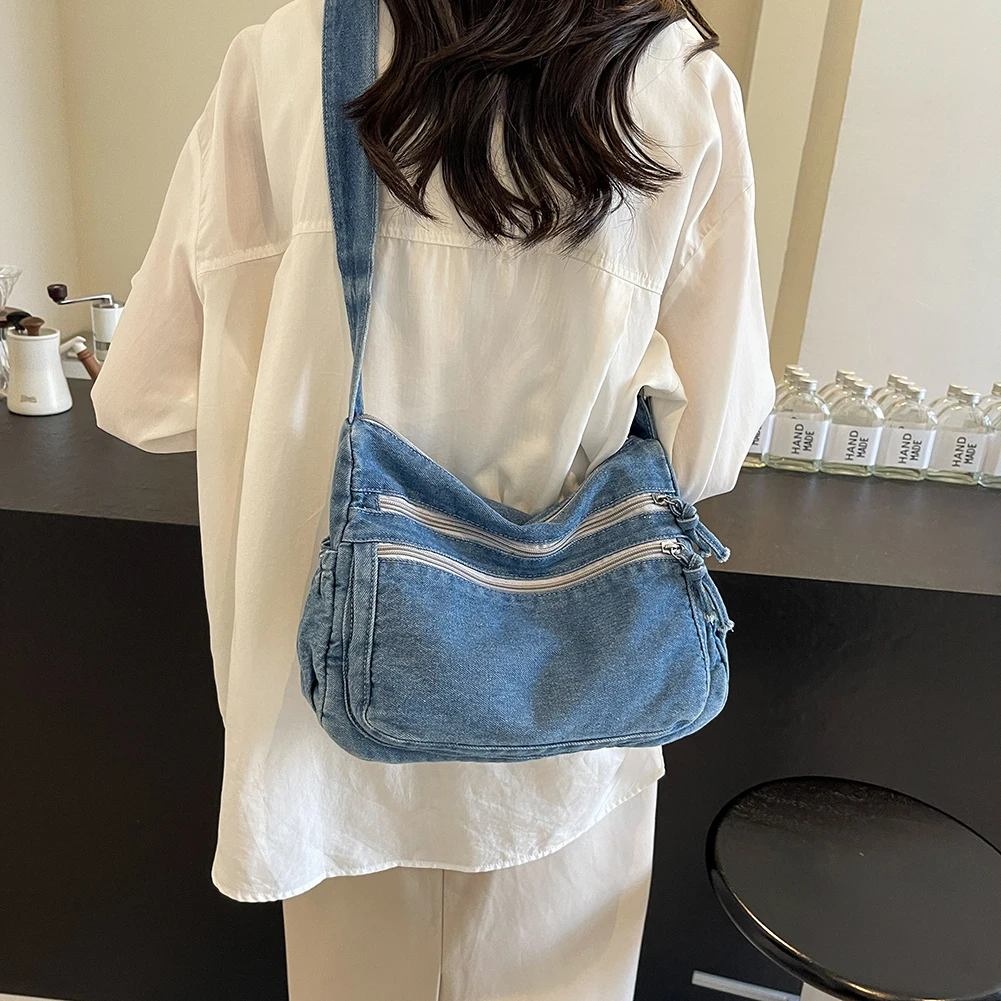 Denim Messenger Bag for Women Fashion Shoulder Bags Casual Crossbody Bags Multi-pockets Tote Bag 2024 New Female Retro Sling Bag