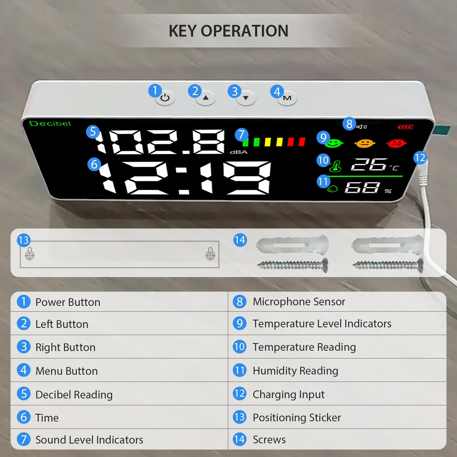 4-in-1 Digital Sound Level Meter ,Desktop Decibel Monitor 30-130dB,for Noise Measureing,Library, with Time&Temp&Humidity Display 6