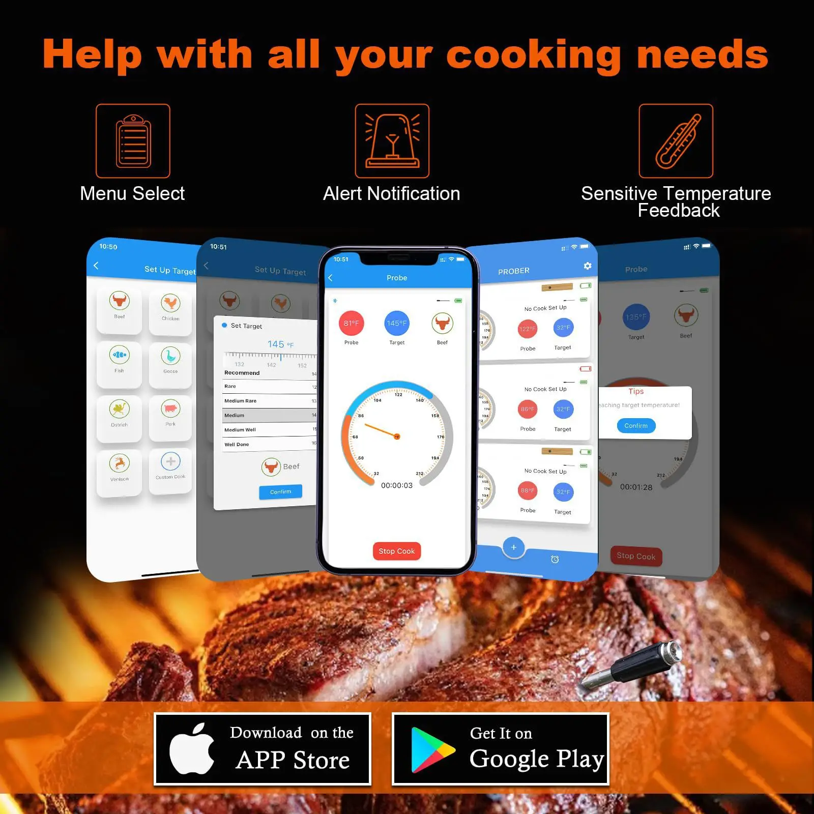 Wireless Meat Thermometer Waterproof Probe Bluetooth Food Thermometer Support APP Remote Real-time Monitoring for BBQ Baking 3