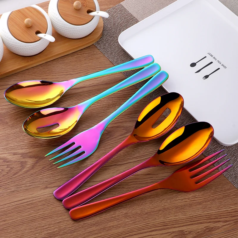 3 PCS Big Size Tableware Serving Spoons & Fork Salad Iridescent Rainbow 8 Colors Stainless Steel Kitchen Colander Spoon