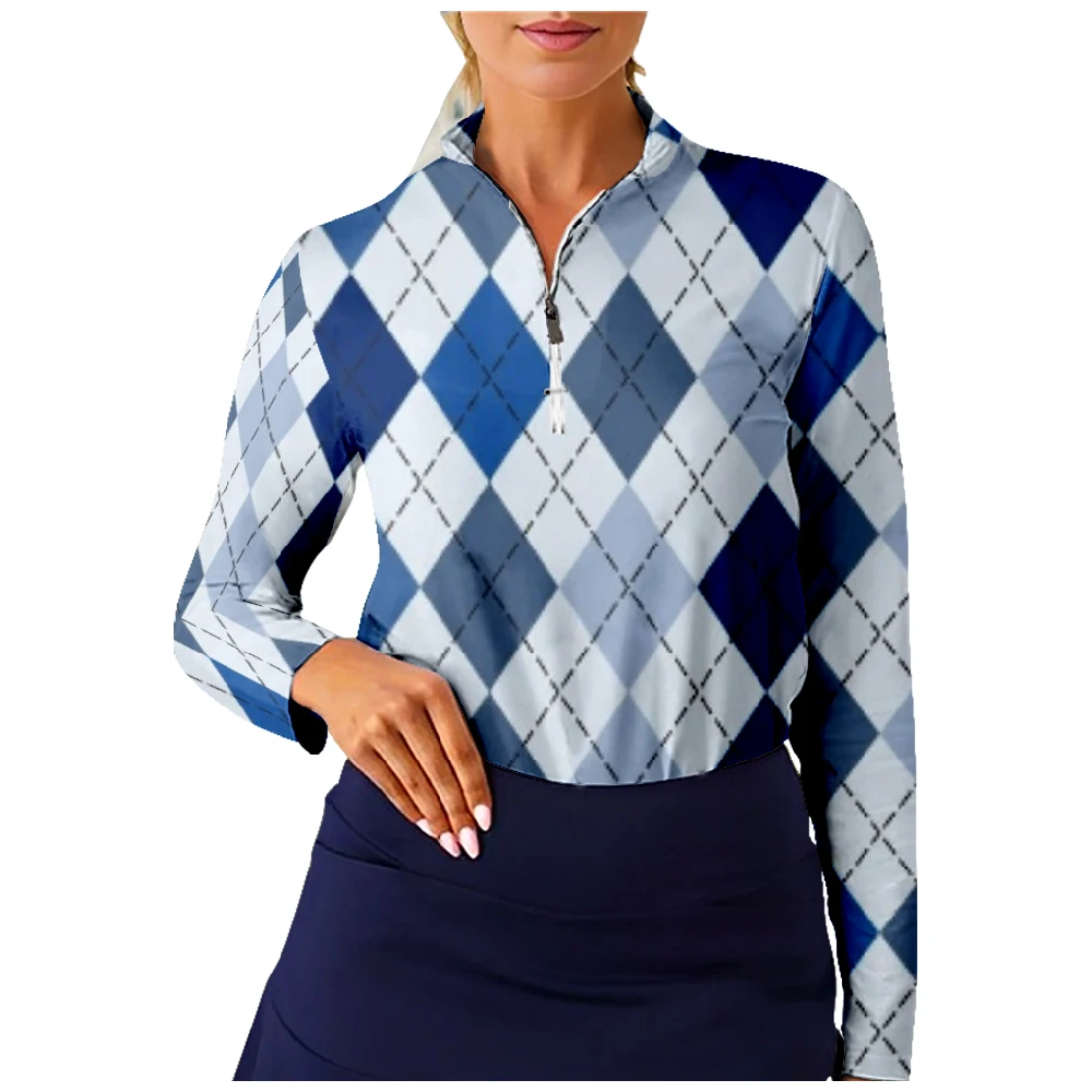 

Classic Argyle Pattern Golf Shirt Women Long Sleeve Half Zip Breathable Quick Dry Tops Casual Sportswear