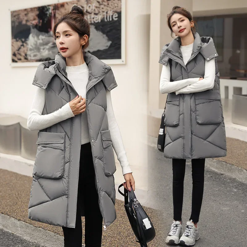 

2023 Winter New Mid length Large Pocket Tank Top Thickened Hooded Vest Coat Cotton Vest Women's Fashion