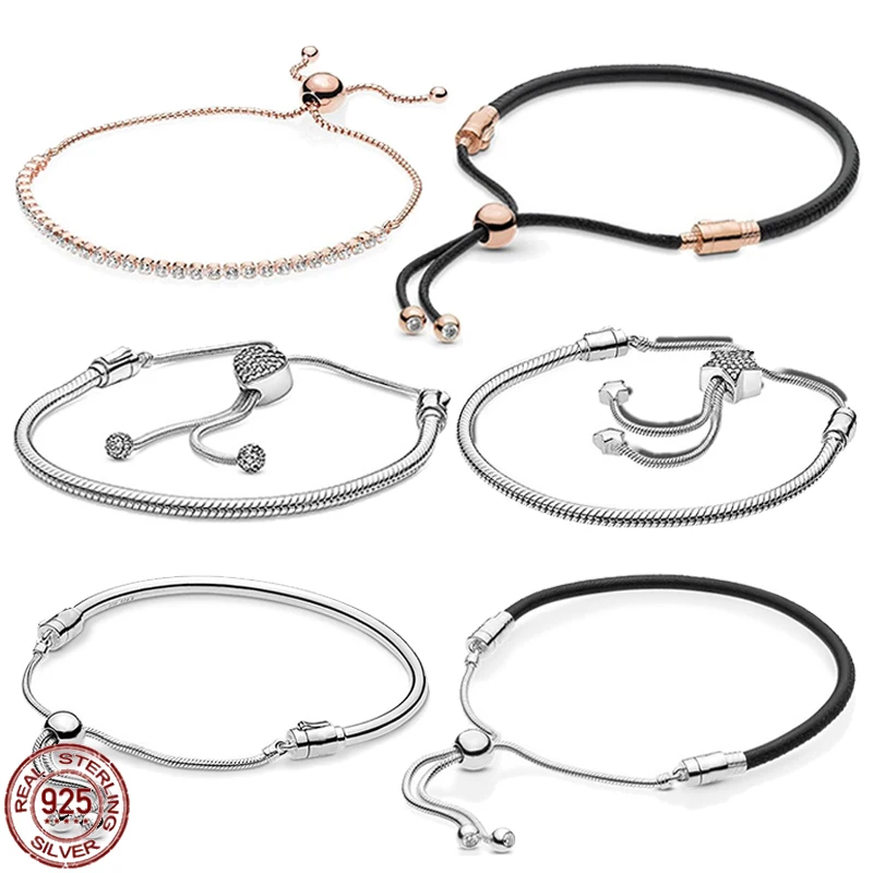 

Hot selling 925 sterling silver classic leather adjustable bracelet fit designing original charm beads DIY couple jewelry gifts