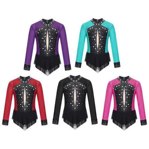 Kids Girls Rhinestones Color Block Rhythmic Gymnastics Dress Mesh Patchwork Leotard Skirted Bodysuit for Dancing Figure Skating - Image 3