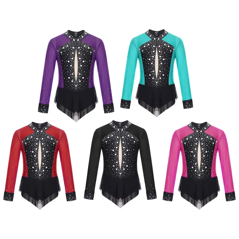 Kids Girls Rhinestones Color Block Rhythmic Gymnastics Dress Mesh Patchwork Leotard Skirted Bodysuit for Dancing Figure Skating - Image 3