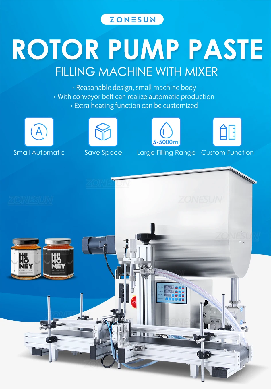 ZONESUN ZS-DTGT900U 100L Смеситель-бункер Автоматический роторный насос Машина для розлива пасты Шоколадный крем Горячий соус Наполнитель из арахисового масла 