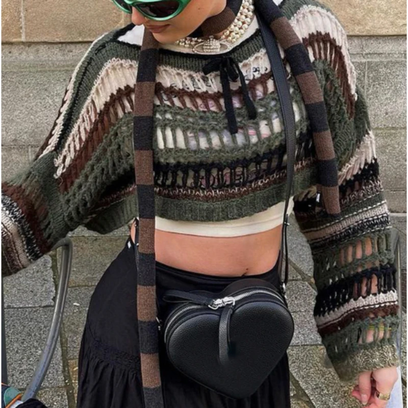 

Fashion Streetwear Stripe Crop Tops Women Y2k Hollow Out Fishnet Short Sweater Woman Knitwears Goth Pullovers Clothing New 27676