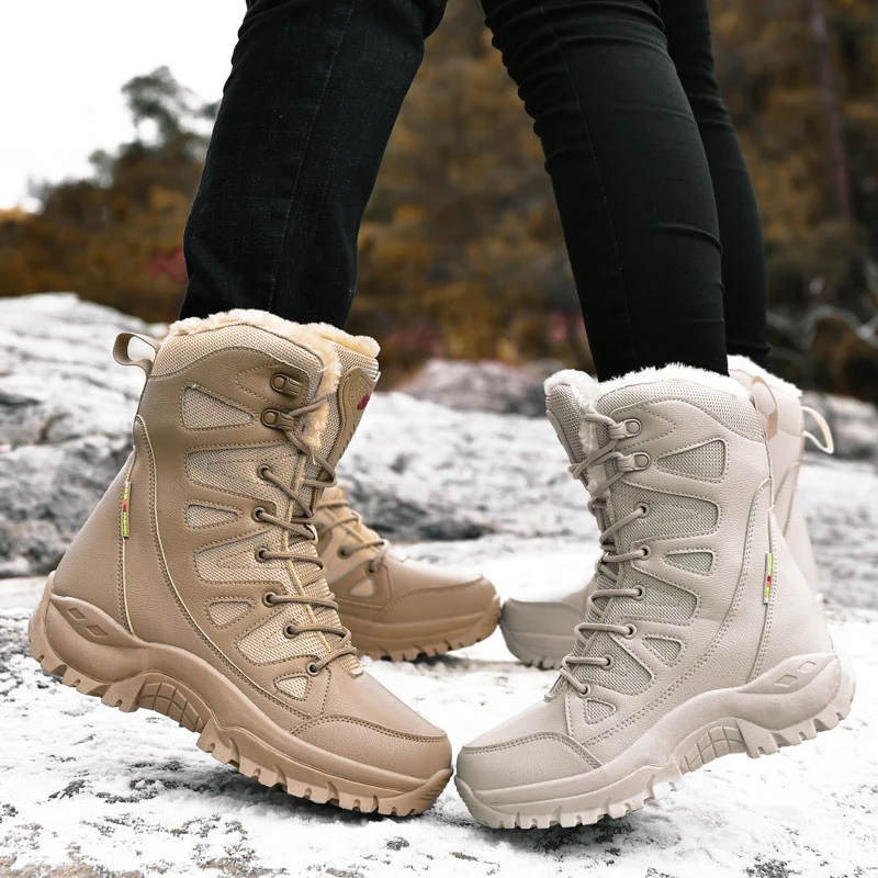 Men Warm Plush Snow Boots Lace Up High Top Waterproof Winter Outdoor Anti-Slip Army Work Desert